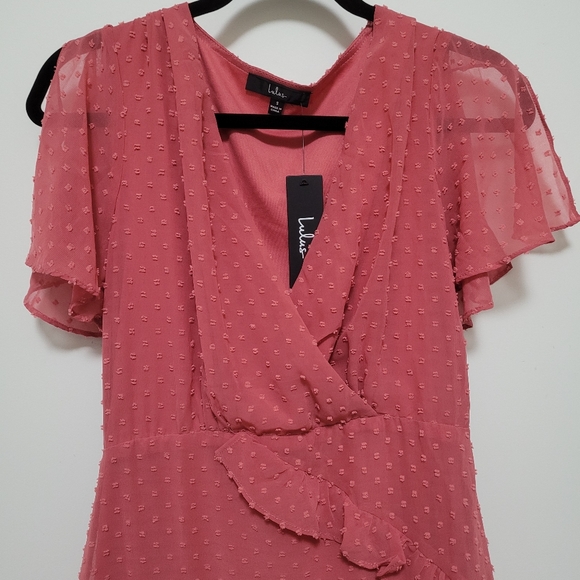 Lulus Next to You Rusty Rose Swiss Dot Ruffled Midi Dress NWT - Picture 3 of 5